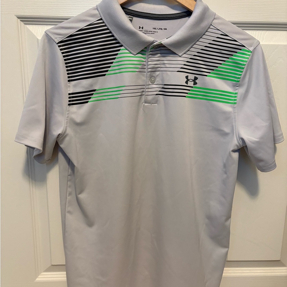 Under Armour Boys Polo Shirt in Gray with Green Stripes